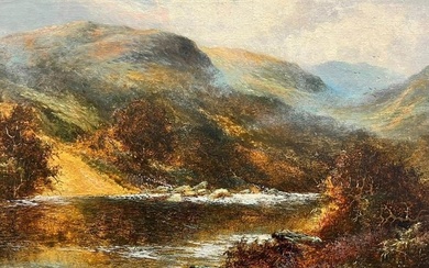 Antique Scottish Highlands Golden Landscape River through the Glen signed oil