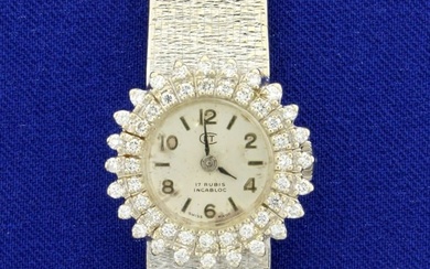 Antique Womens Diamond Swiss Made 17 Rubis Incabloc Windup Watch in Solid 18K White Gold