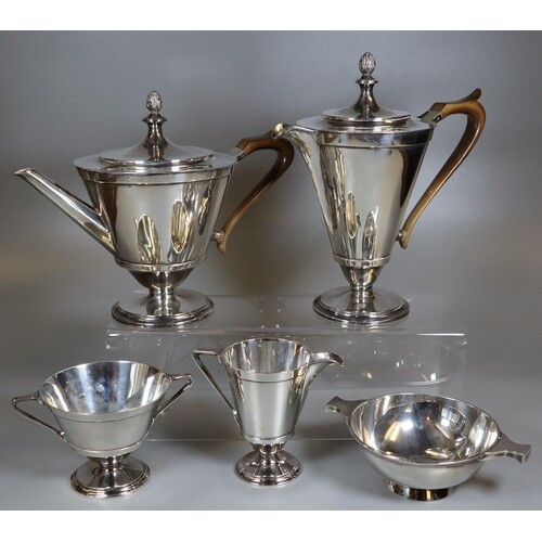Art Deco design four piece geometric tea service, the teapot...