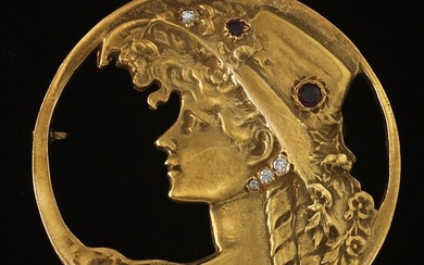 Art Nouveau Style Portrait Brooch with Diamonds and Rubies