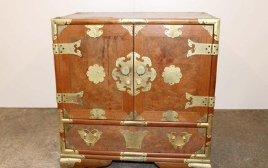 Asian inspired burl walnut and mahogany brass strapped chest