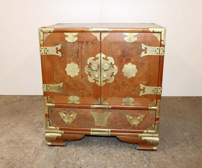 Asian inspired burl walnut and mahogany brass strapped chest
