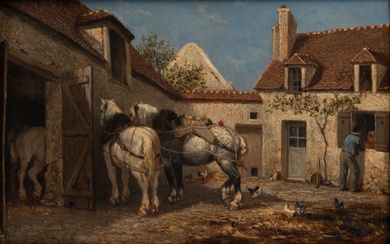 Attribué à Jules Jacques VEYRASSAT(1828 - 1893) Chevaux devant une écurie Panneau 25,5 x 38,5...