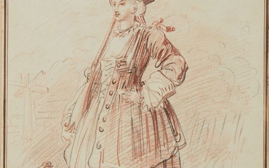 Attribué à PARROCEL Charles (1688 - 1752) Femme habillée en soldat Sanguine et pierre noire...