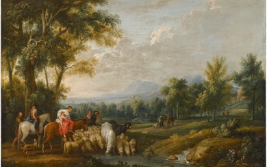 Attributed to Franz Scheyerer An extensive river landscape with shepherds...