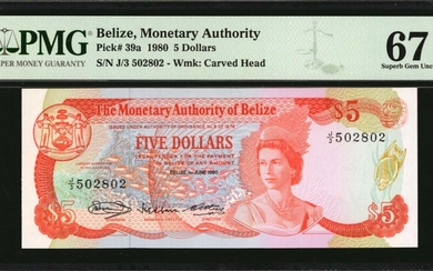 BELIZE. Monetary Authority of Belize. 5 Dollars, 1980. P-39a. PMG Superb Gem Uncirculated 67 EPQ.