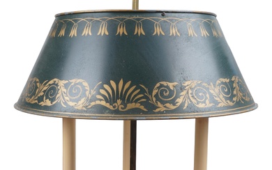 BRASS THREE-LIGHT BOUILLOTTE LAMP WITH TOLE SHADE Height: 30 3/4 in. (78.1 cm.)