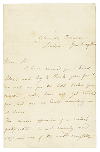 BRONTË, Charlotte (1816-1855). Autograph letter signed (‘C Brontë’) to D[avid] Waldie, Gloucester Terrace, London, 19 January [1853].