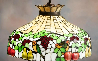 Beautiful vintage hanging stained & leaded glass Soda Fountain Light Fixture with embossed fruit &