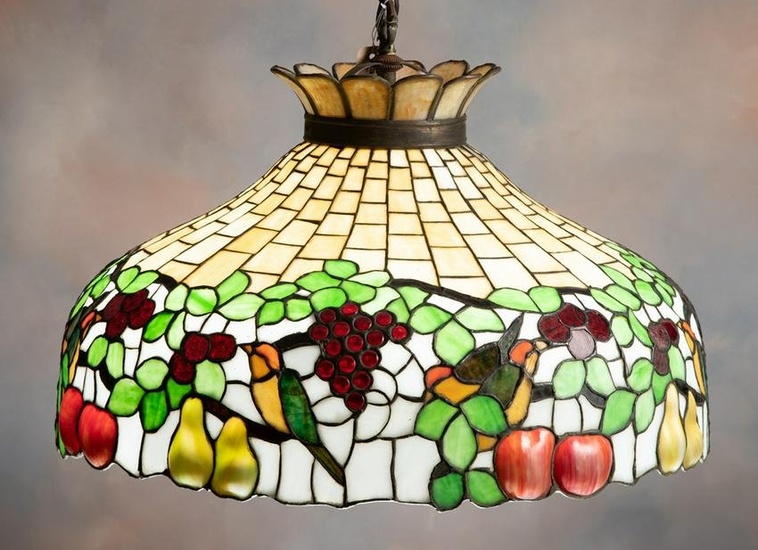 Beautiful vintage hanging stained & leaded glass Soda Fountain Light Fixture with embossed fruit &