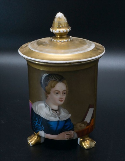 Biedermeier Deckeltasse mit Portrait / A Biedermeier lidded portrait cup,...
