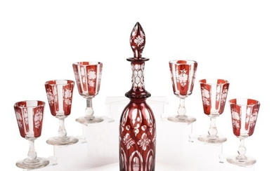 Bohemian Stained Ruby Glass Decanter, and Set of Six