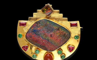 Boulder Opal and Fire Agate Brooch