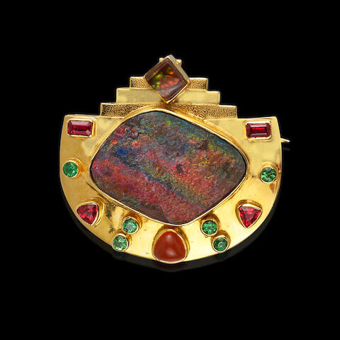 Boulder Opal and Fire Agate Brooch