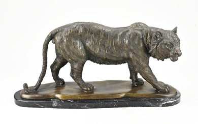 Bronze Bengal tiger on black marble base. Crack in marble. Second half 20th century. Dimensions:...