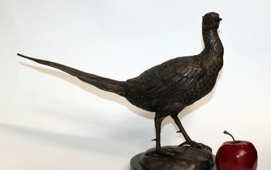 Bronze pheasant statue on marble base