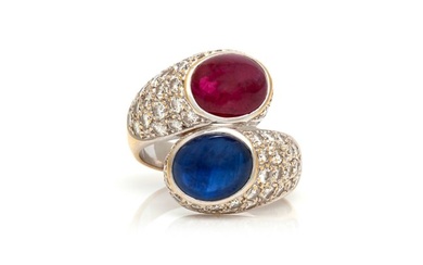 Bypass Cabochon Ruby And Sapphire Diamond Ring