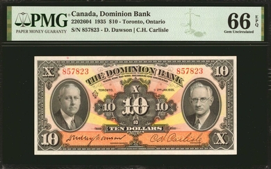 CANADA. Dominion Bank. 10 Dollars, 1935. CH #220-26-04. PMG Gem Uncirculated 66 EPQ.