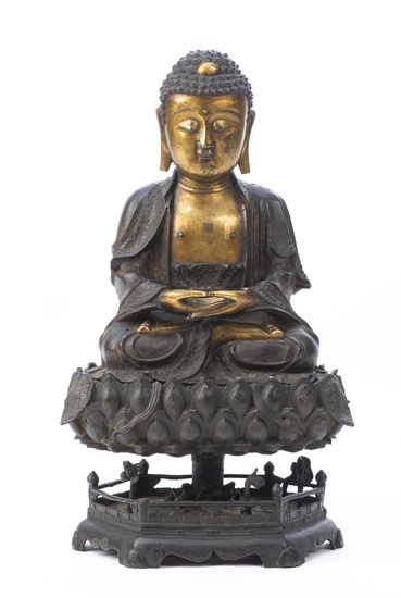 CHINE - Bouddha Shakyamuni en bronze partiellement doré, époque Ming