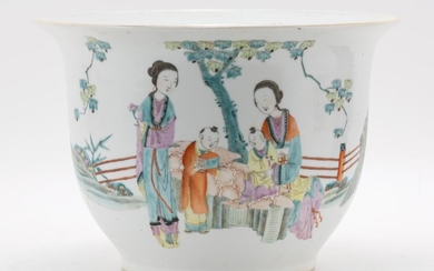 CHINESE FAMILLE ROSE PORCELAIN JARDINIÈRE With courtyard decoration. Drilled. Height 7.5". Diameter 10.5".