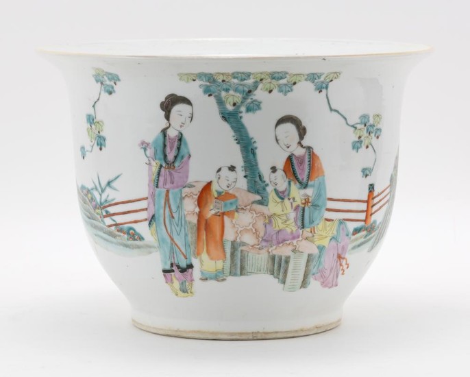 CHINESE FAMILLE ROSE PORCELAIN JARDINIÈRE With courtyard decoration. Drilled. Height 7.5". Diameter 10.5".