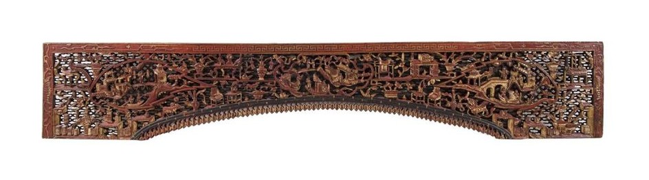 CHINESE GILDED AND PAINTED CARVED WOOD FRIEZE Openwork-carved figural and temple decoration. Archway with acanthus drops. Height 13"...