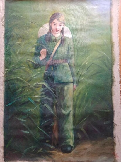 CHINESE OIL PAINTING REVOLUTIONARY GIRL WALKING TH