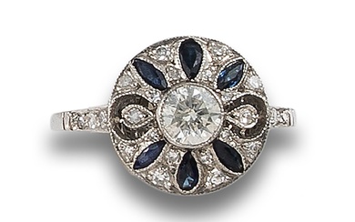 CIRCULAR RING, ART DECO STYLE, WITH DIAMONDS AND SAPPHIRES, IN PLATINUM