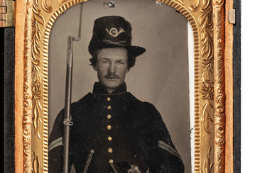 [CIVIL WAR]. Tintype of a triply armed corporal with musket, pistol, and knife.