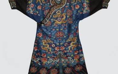 Qing Dyn. Blue-Ground Silk Embroidered Dragon Robe