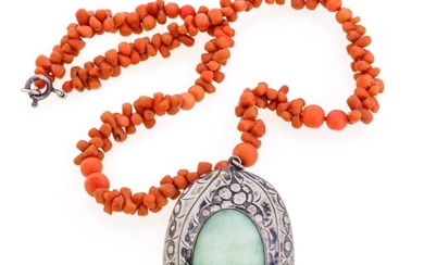CORAL SILVER AND JADE NECKLACE