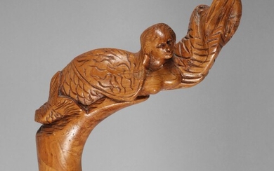 Canne sculptée19e siècle, canne à nœuds avec poignée sculptée en forme de néréide chevauchant un...