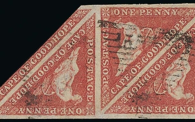 Cape of Good Hope 1855-63, White Paper 1d. deep rose-red on cream paper, used strip of three, l...