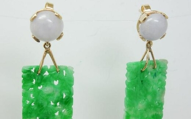 Carved Green Jade Panel 14k Rose Gold Dangle Earrings