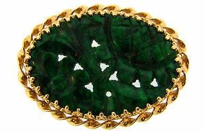 Carved Jade Yellow Gold PIN Brooch Clip