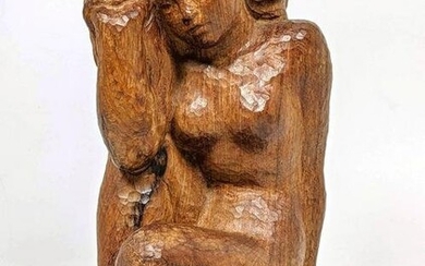 Carved Wood Figural Female Nude Sculpture. Chip carved.