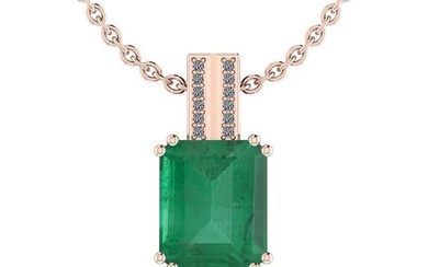 Certified 6.40 Ctw Emerald and Diamond I2/I3 14K Rose Gold Victorian Style Pendant Necklace