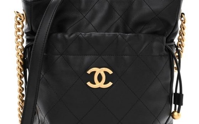 Chanel Calfskin Quilted Drawstring Bucket Bag Black