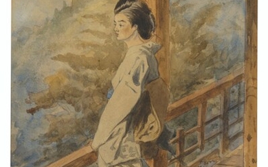 Charles Wirgman (1832-1891), A Japanese woman on a balcony; and An interior with three Japanese women