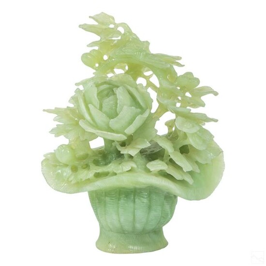 Chinese Carved Jade Stone Floral Basket Sculpture