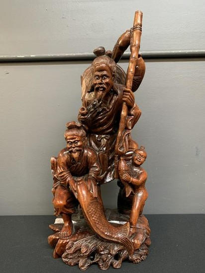 Chinese Carved Wood Figural Statue, 3 Fishermen