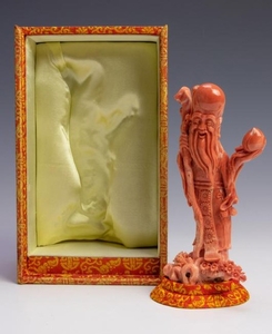 Chinese Coral Carving of Shou w/ Box, 20th Century
