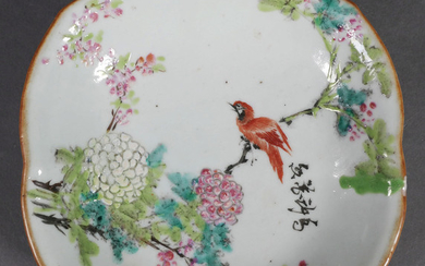 Chinese Footed Lotus Shape Plate, Handpainted