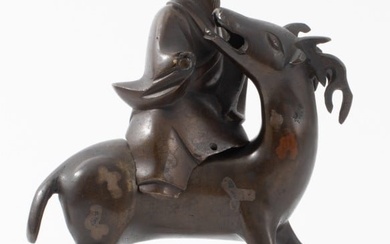 Chinese Scholar and Deer Patinated Bronze Censer