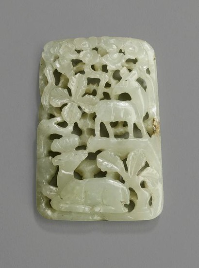 Chinese celadon jade pendant w/ pair of deer, 2.5"h