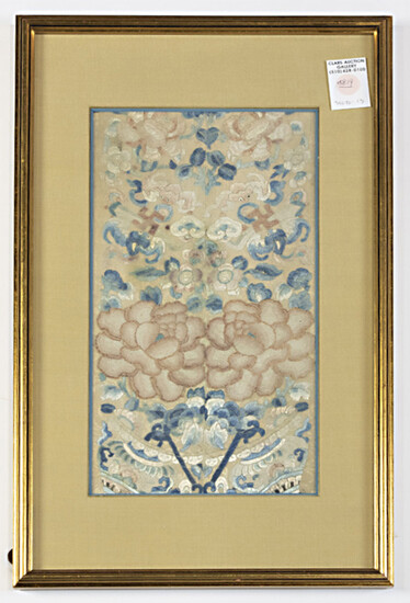 Chinese embroidered panel with peony blossoms, bats and scroll clouds, mounted and framed