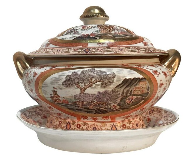 Chinese porcelain tureen with platter and landscapes
