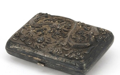 Chinese unmarked silver cigarette case embossed with warrior...