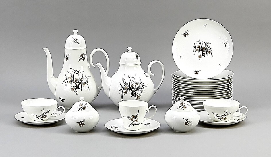 Coffee and tea service for up to 17 people, 55 pcs., Rosenthal, Studio-Line, mark after 1961, form romance, design Björn Wiinblad, white delicate flower decor in brown, gilt gold, coffee pot, H. 26 cm, teapot, H. 20 cm, 4 teacups, 1 with chip, with...