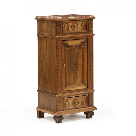 Continental Carved Walnut Marble Top Side Cabinet